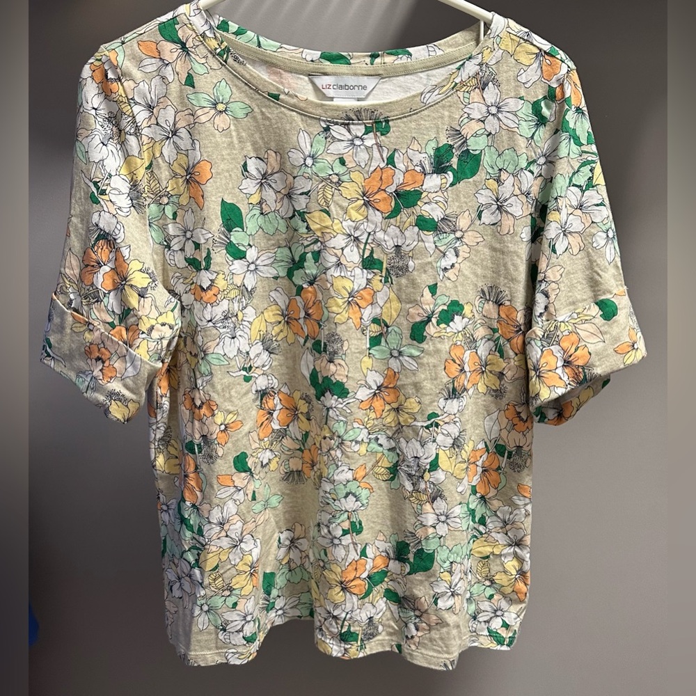 LIZ CLAIBORNE size LARGE orange & yellow Floral Short Sleeve Top - Picture 3 of 7
